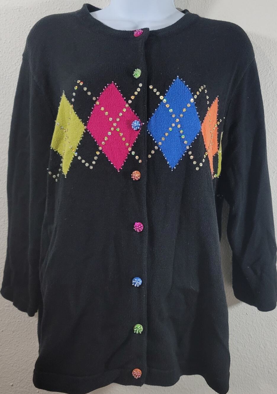 Jack B Quick Black Pink Blue Yellow Button Up Cardigan Sweater 1XL Lightweight